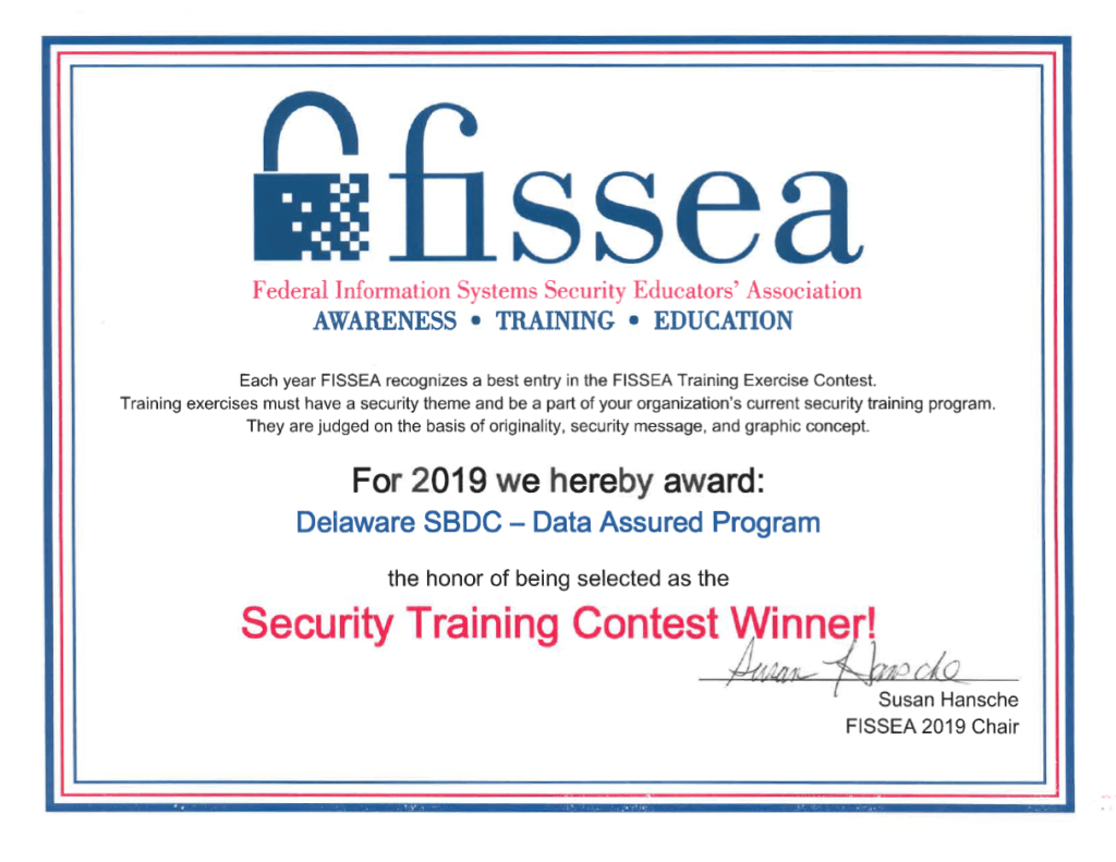 Fissea award certificate for Delaware SBDC