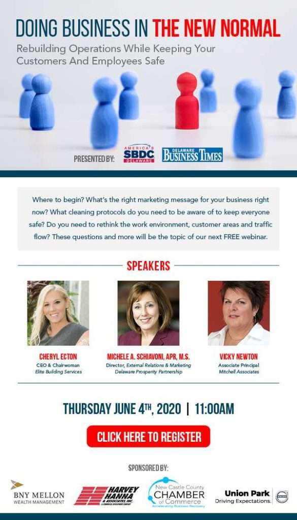 A flyer with the title: Doing Business in the New Normal that include headshots of three women speakers.