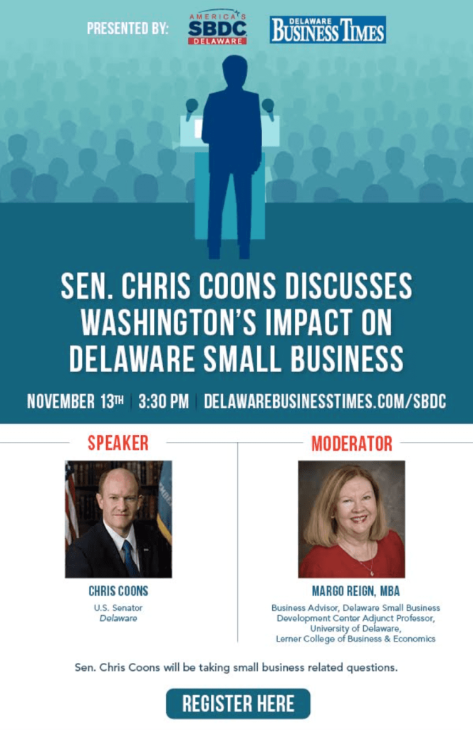 Delaware SBDC event flyer with the headshots of two keynote speakers