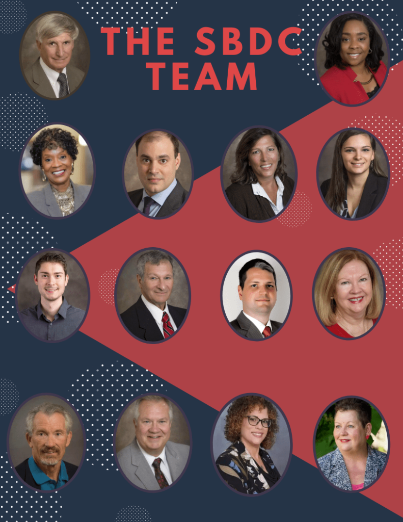 Flyer with the headshots of Delaware SBDC advisors and staff