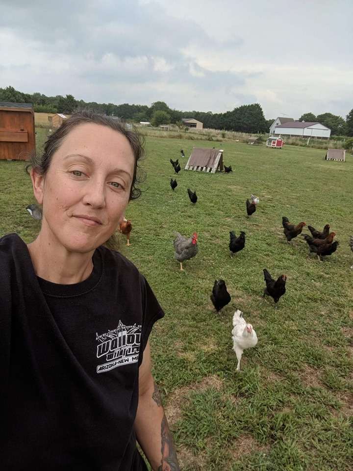 A lady in a black shirt with a flock of chickens on a farm