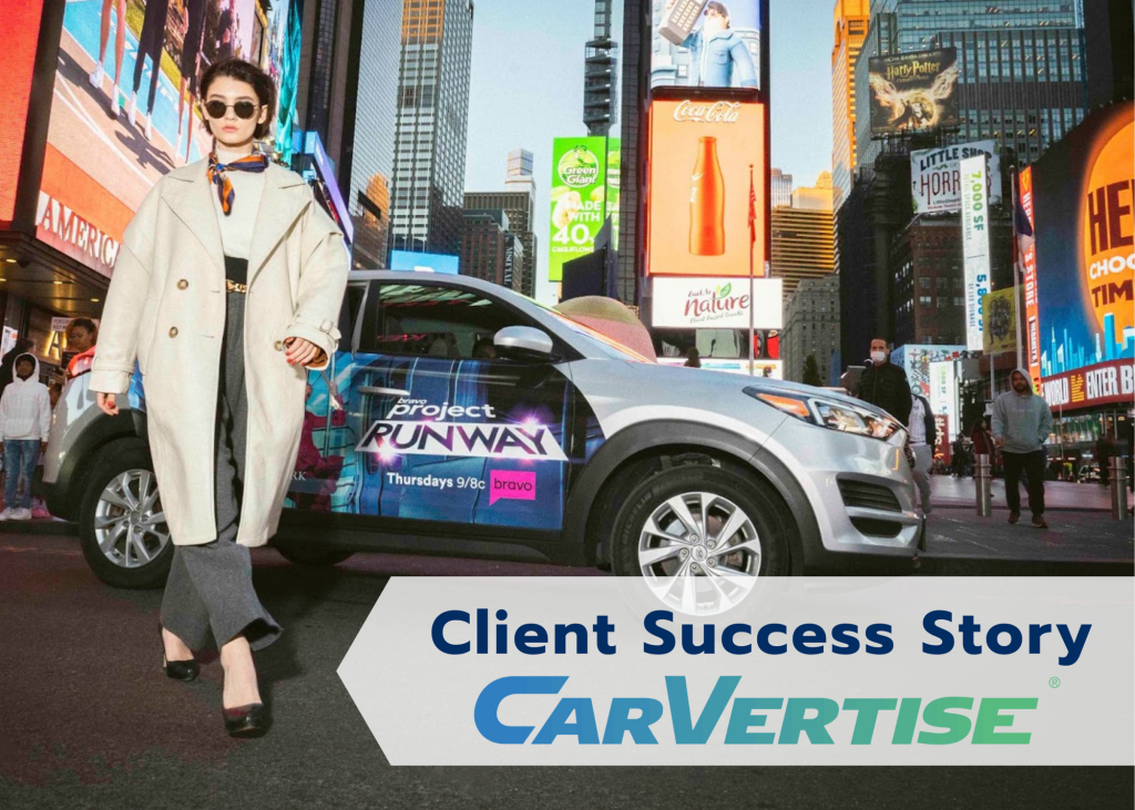 Delaware SBDC Client Carvertize photo of a model walking in front of a car.
