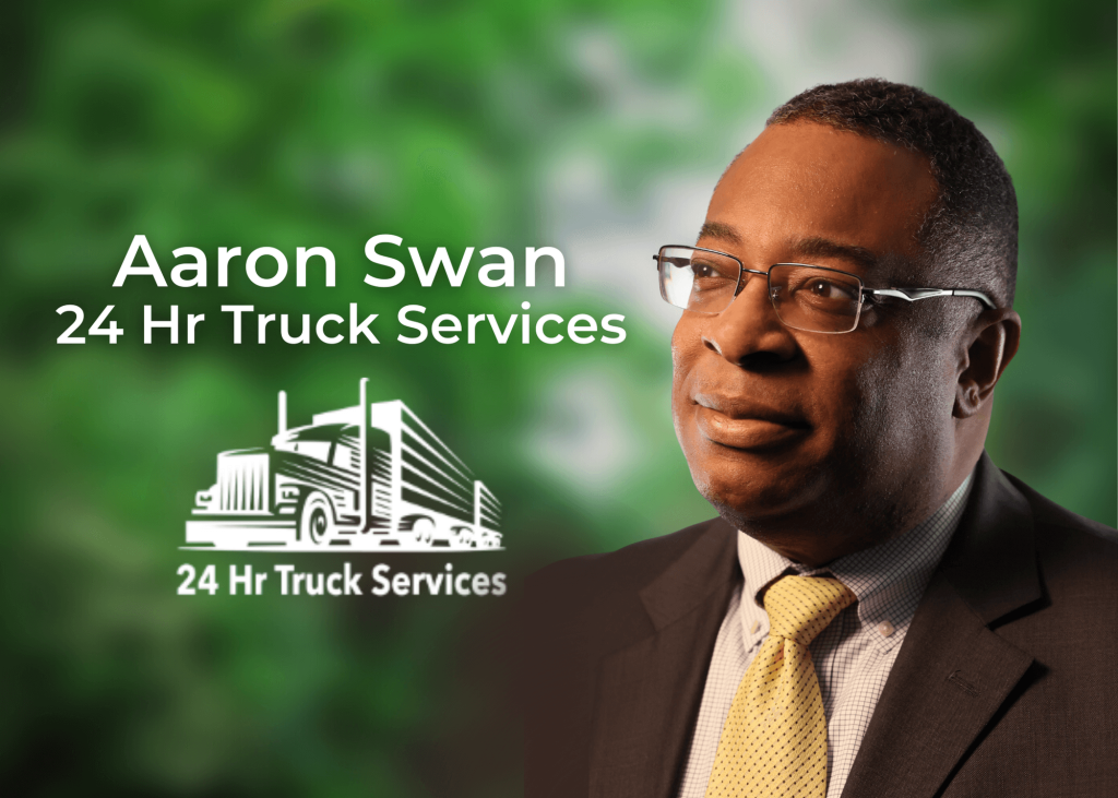 A headshot of a black man with 24 24-hour Truck services logo.