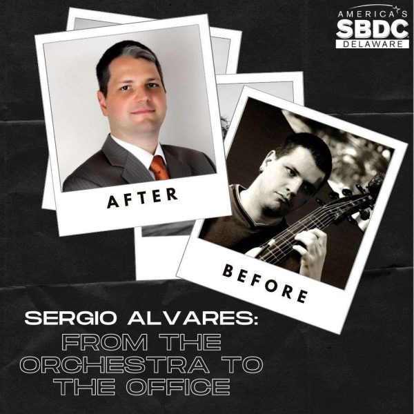 A flyer with a before and after picture of Sergio Alvares. From orchestra to the office
